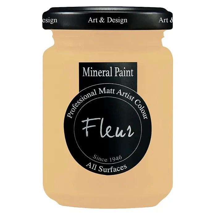 Fleur Pintura mineral - Golden Honey, 130 ml, Mate - Tarro de pintura mineral Fleur, beige claro con etiqueta y tapa negras, rotulado 'Art & Design'.