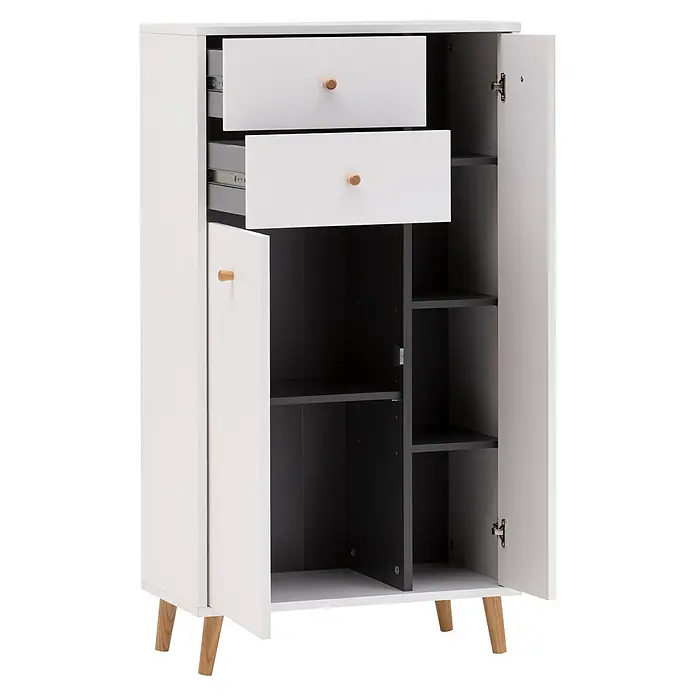 Schildmeyer Bjarne Highboard - L x B x H: 33,05 x 60,2 x 103,4 cm, Weiß - Weiß-grauer Schrank mit zwei Schubladen und offenen Türen, die Regale zeigen, auf hellen Holzbeinen.