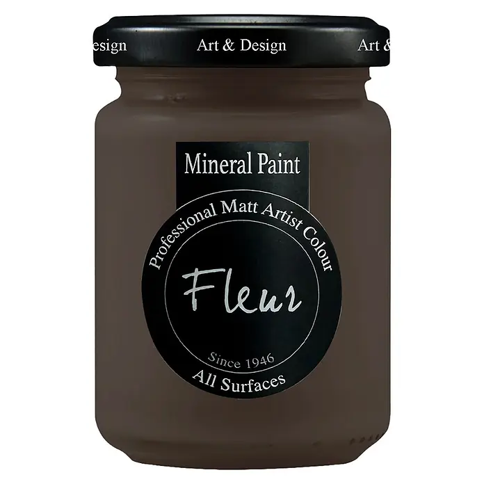Fleur Pintura mineral - Burnt Umber, 130 ml, Mate - Un bote marrón oscuro de pintura mineral Fleur con tapa negra, etiquetado como 'Professional Matt Artist Colour' para todas las superficies.