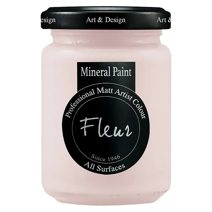 Fleur Pintura mineral - Jo Rosa, 130 ml, Mate - Bote de pintura mineral rosa claro con tapa negra, un color mate profesional para artistas en todas las superficies.