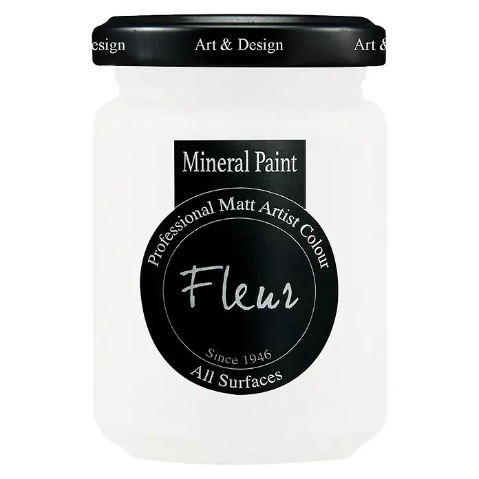Fleur Pintura mineral - Snow White, 130 ml, Mate - Tarro blanco de pintura mineral Fleur, un color profesional mate de artista para todas las superficies, con tapa y etiqueta negras 'Art & Design'.