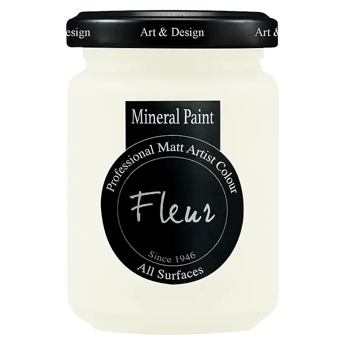 Fleur Pintura mineral - Chalk White, 130 ml, Mate - Tarro crema de pintura mineral mate Fleur con tapa y etiqueta negras.