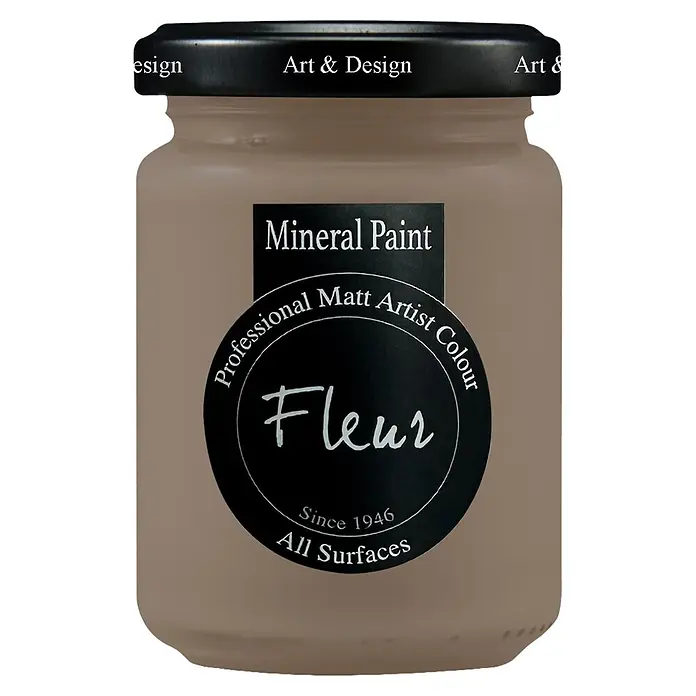 Fleur Pintura mineral - Chocolate Wish, 130 ml, Mate - Tarro de pintura mineral Fleur marrón claro con tapa y etiqueta negras. Color mate profesional para artistas, para todas las superficies.