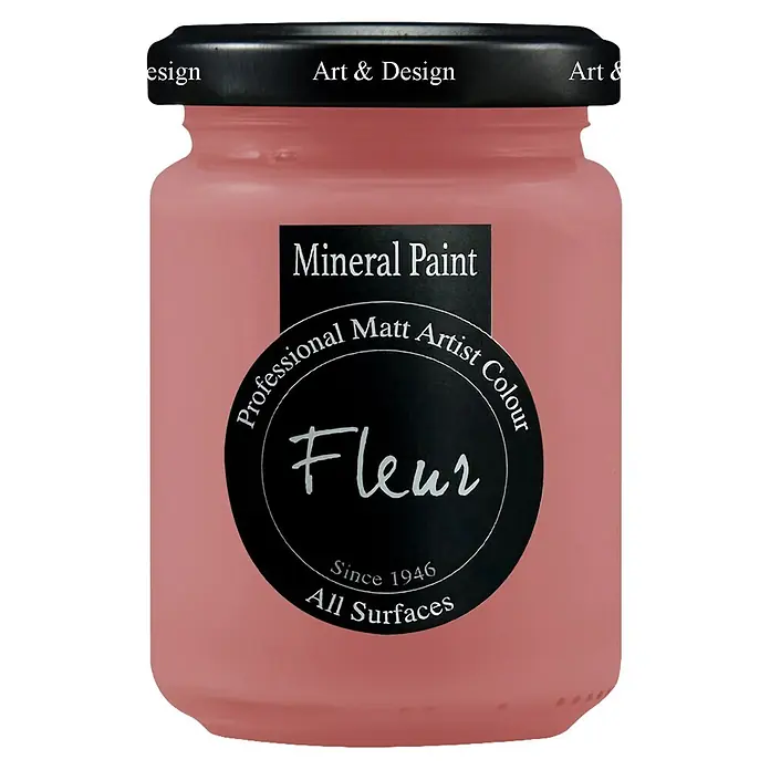 Fleur Pintura mineral - Amelie, 130 ml, Mate - Un tarro de pintura mineral profesional rosa Fleur con etiqueta y tapa negras, apto para todas las superficies.