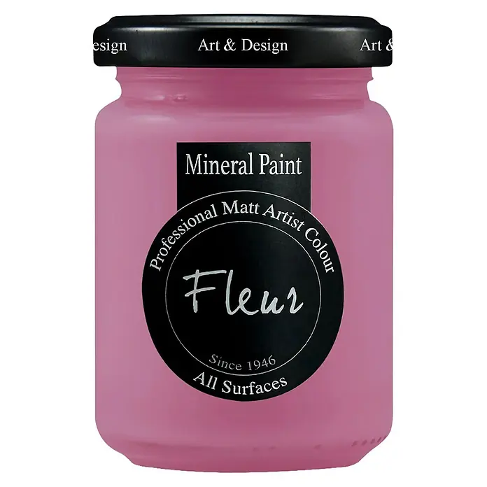 Fleur Pintura mineral - American Beauty, 130 ml, Mate - Pintura mineral rosa en un tarro de cristal con tapa negra, etiquetada 'Fleur Professional Matt Artist Colour'.