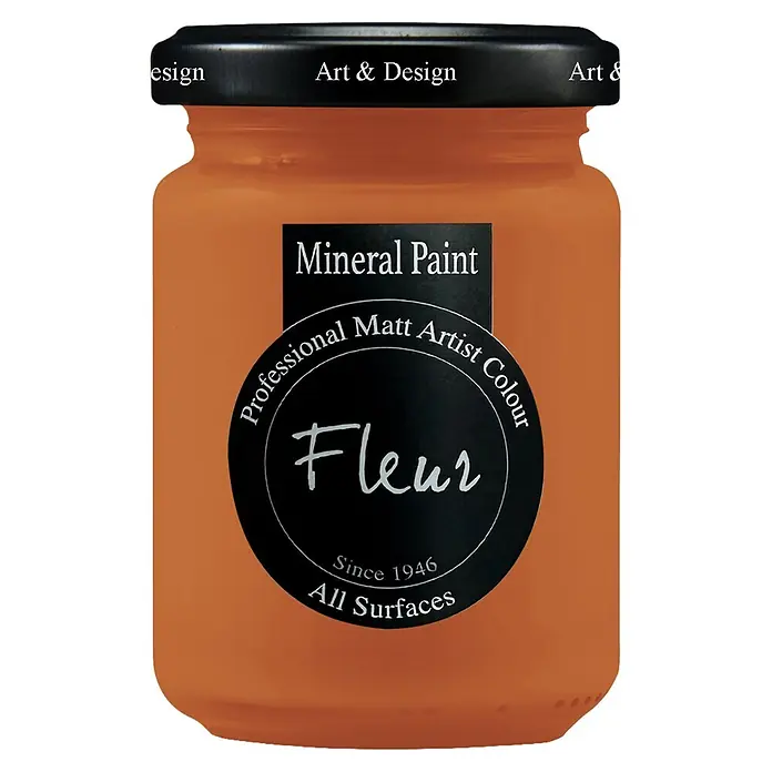 Fleur Pintura mineral - Saffron Aroma, 130 ml, Mate - Tarro de pintura mineral naranja con tapa y etiqueta negras: "Fleur Pintura Mineral, Color Mate Profesional de Artista, Desde 1946, Todas las Superficies".