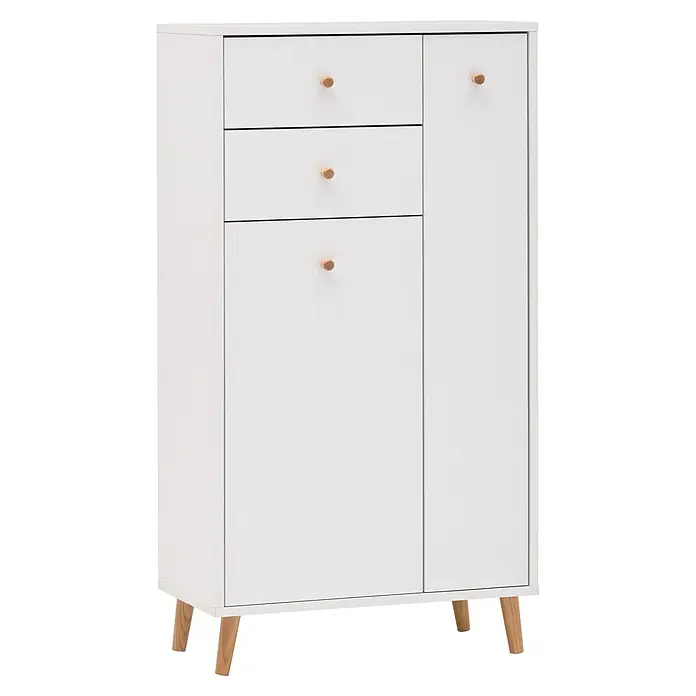Schildmeyer Bjarne Highboard - L x B x H: 33,05 x 60,2 x 103,4 cm, Weiß - Weißer Schrank mit zwei Schubladen und zwei Türen, Holzknöpfen und schrägen Holzbeinen.