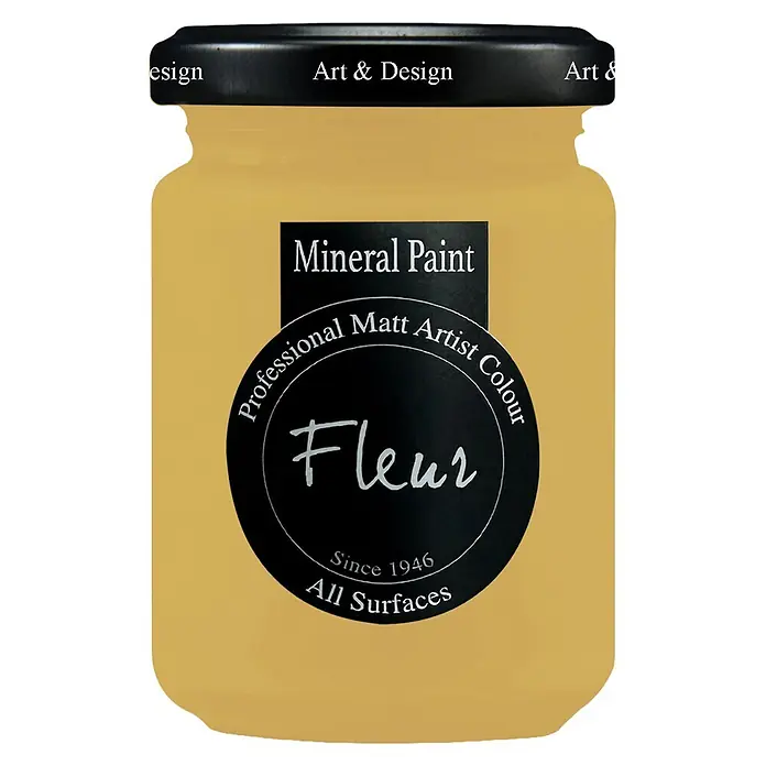 Fleur Pintura mineral - Naples Yellow, 130 ml, Mate - Bote amarillo de pintura mineral Fleur con tapa negra. Etiquetado como Professional Matt Artist Colour, apto para todas las superficies.