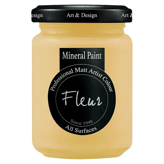 Fleur Pintura mineral - Love in Portofino, 130 ml, Mate - Un bote amarillo claro de pintura mineral Fleur, un color mate profesional para todas las superficies.