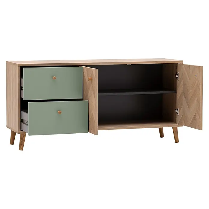 Schildmeyer Visby Lowboard - L x B x H: 33 x 109 x 54,1 cm, Pistazie - Sideboard aus hellem Holz mit Fischgrätmuster, zwei hellgrünen Schubladen, Schrankfach mit dunkelgrauem Regal und schrägen Beinen.