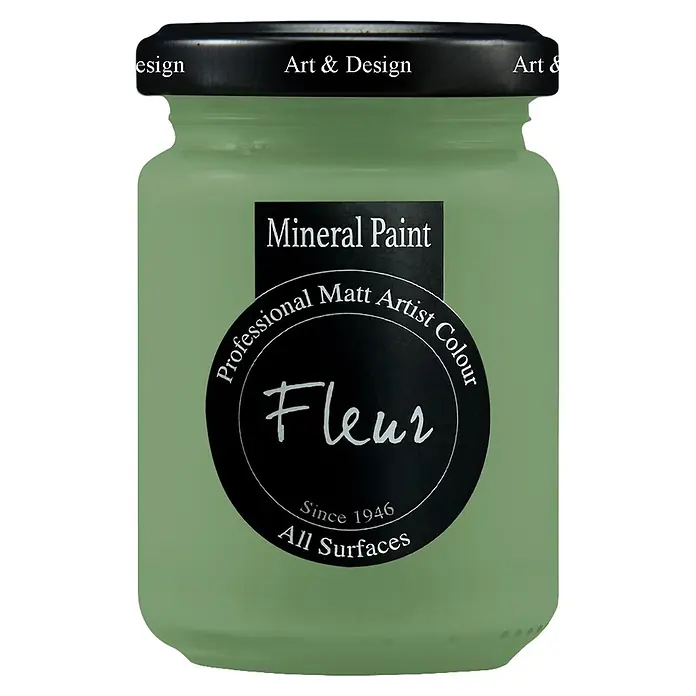 Fleur Pintura mineral - Welcome Green, 130 ml, Mate - Bote verde claro de pintura mineral Fleur, un color mate profesional para artistas, con tapa negra 'Art & Design'.