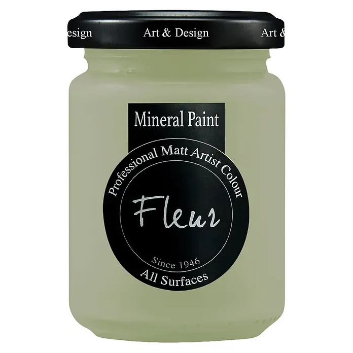 Fleur Pintura mineral - Soho Green, 130 ml, Mate - Pintura mineral verde claro en un frasco de vidrio con tapa y etiqueta negras. La etiqueta dice 'Fleur Professional Matt Artist Colour'.