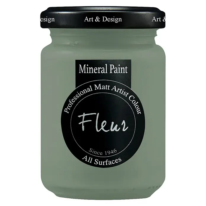 Fleur Pintura mineral - Woodland Spirit, 130 ml, Mate - Pintura mineral Fleur verde claro en un bote de cristal con tapa negra.