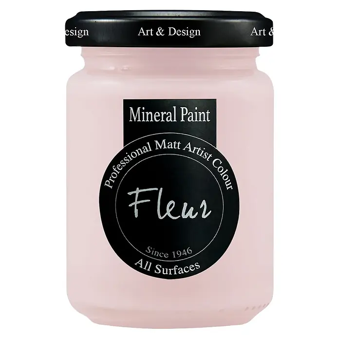 Fleur Pintura mineral - Pink Rococo, 130 ml, Mate - Frasco rosa claro de pintura mineral Fleur, un color de artista mate profesional apto para todas las superficies, con tapa negra.
