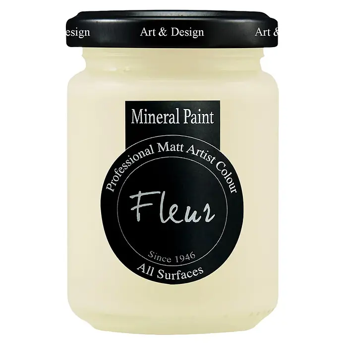 Fleur Pintura mineral - Banana Cream, 130 ml, Mate - Pintura mineral crema en frasco de vidrio con tapa negra, etiquetada 'Art & Design' y 'Fleur Professional Matt Artist Colour'.