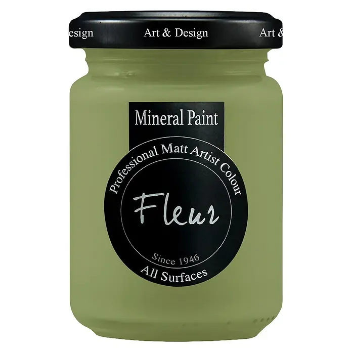 Fleur Pintura mineral - Grandma Green, 130 ml, Mate - Bote de pintura mineral mate verde claro con tapa negra "Art & Design", apta para todas las superficies.