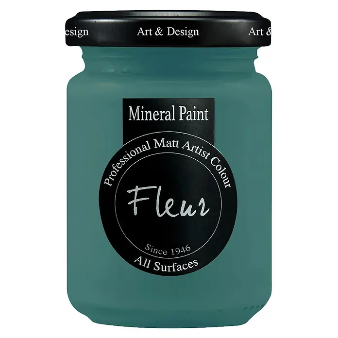 Fleur Pintura mineral - Greta, 130 ml, Mate - Tarro de pintura mineral verde azulado con tapa negra y etiqueta 'Fleur'.