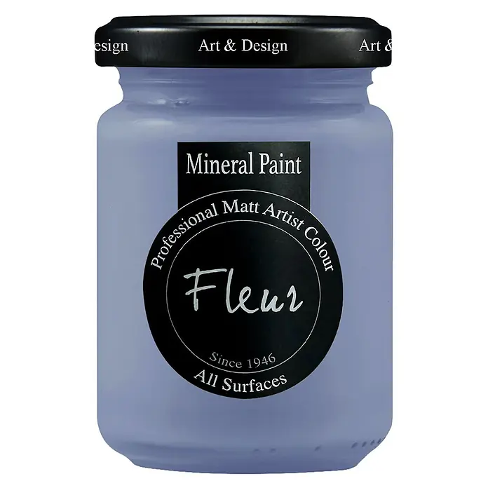 Fleur Pintura mineral - Copenhagen Blue, 130 ml, Mate - Pintura mineral lila claro en un tarro de cristal con tapa y etiqueta negras.