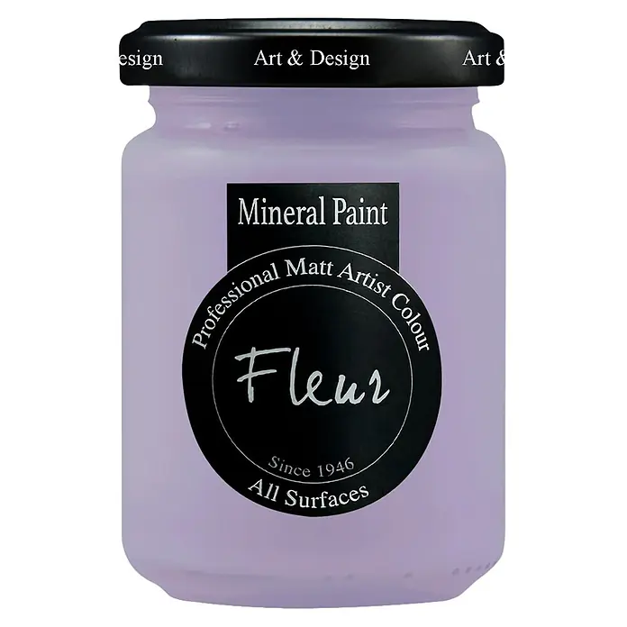 Fleur Pintura mineral - Sunday Morning, 130 ml, Mate - Tarro lila claro de pintura mineral Fleur con etiqueta negra y tapa 'Art & Design'. Color artista mate profesional para todas las superficies.