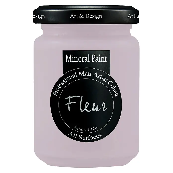 Fleur Pintura mineral - Emma Bovary, 130 ml, Mate - Pintura mineral violeta pálido en un tarro de cristal transparente con tapa negra. La etiqueta dice 'Fleur, Professional Matt Artist Colour, All Surfaces'.