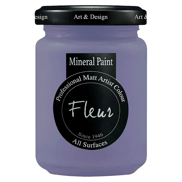 Fleur Pintura mineral - Lavaender Blue, 130 ml, Mate - Bote de pintura mineral morada con etiqueta negra, 'Fleur Color de artista mate profesional'.