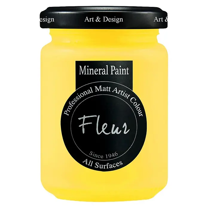 Fleur Pintura mineral - Electric Yellow, 130 ml, Mate - Bote amarillo de pintura mineral Fleur con tapa y etiqueta negras. Pintura artística mate profesional para todas las superficies.