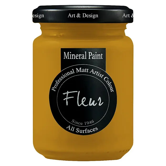 Fleur Pintura mineral - Yellow Ochre, 130 ml, Mate - Bote de cristal con pintura mineral Fleur amarillo mostaza, tapa y etiqueta negras.