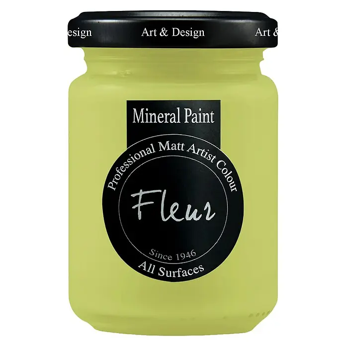 Fleur Pintura mineral - Flower Power, 130 ml, Mate - Tarro verde claro de pintura mineral mate para artistas Fleur para todas las superficies, con tapa negra.
