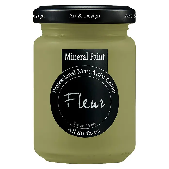 Fleur Pintura mineral - Botanical Charm, 130 ml, Mate - Bote verde oliva claro de pintura mineral Fleur, un color profesional mate para artistas para todas las superficies.