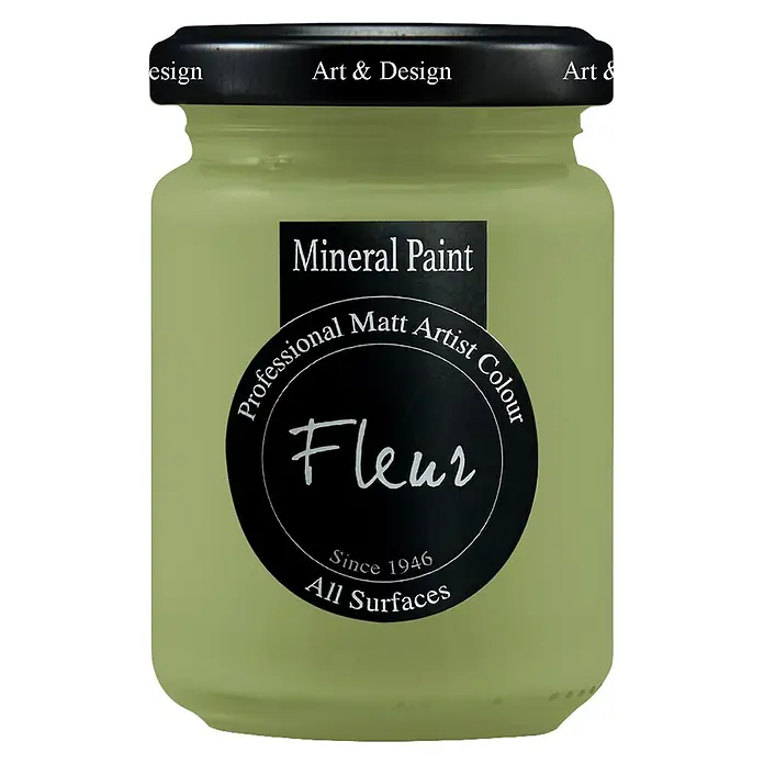 Fleur Pintura mineral - Bamboo, 130 ml, Mate - Tarro de pintura verde pálido con etiqueta negra. Texto: "Fleur Mineral Paint, Professional Matt Artist Colour".