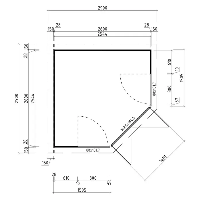 Fjordholz Gartenhaus Abbie 28 - Außenmaß inkl. Dachüberstand (B x T): 280 x 280 cm, Holz, Naturbelassen - Grundriss mit Maßen einer Konstruktion, detailliert Außen- und Innenmaße sowie zwei Türöffnungen.