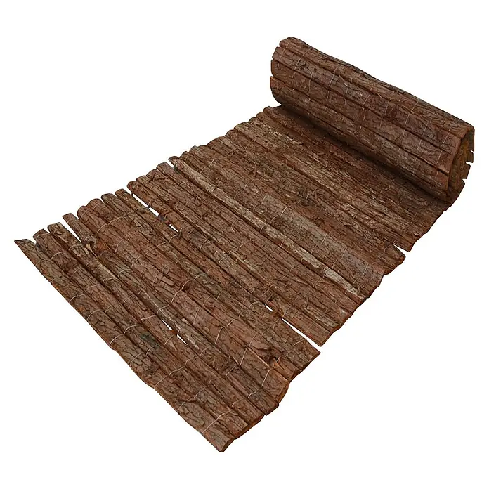 Balkonsichtschutz Rindenmatte - 300 x 150 cm, Braun - Brauner Rindenzaun, teilweise abgerollt, mit drahtgebundenen Holzstämmen.