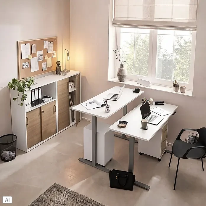 Schildmeyer Metz Rollcontainer - L x B x H: 39,1 x 32,6 x 59,7 cm, Weiß/Canello, Anzahl Schubladen: 3 Stk. - Modernes Home-Office mit zwei weißen höhenverstellbaren Schreibtischen und einem Holzschrank, das einen effizienten Arbeitsplatz schafft.