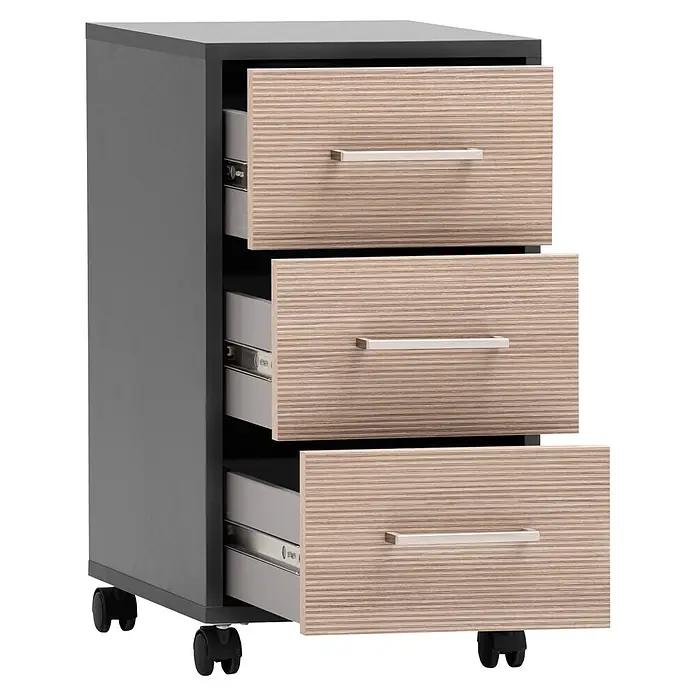 Schildmeyer Metz Rollcontainer - L x B x H: 39,1 x 32,6 x 59,7 cm, Anthrazit/Canello, Anzahl Schubladen: 3 Stk. - Mobiler Rollcontainer mit dunkelgrauem Rahmen und drei geöffneten hellen Holzschubladen, graue Innenseiten sichtbar.