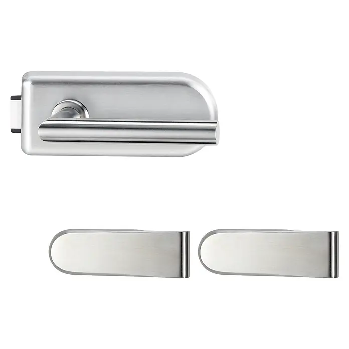 Diamond Doors Glastürbeschlag Sky UV - Edelstahloptik, Bandbohrung/Bänder: Studio 2-teilig, Unverschließbar - Gebürstetes Edelstahl-Drückerset und zwei passende rechteckige Platten.