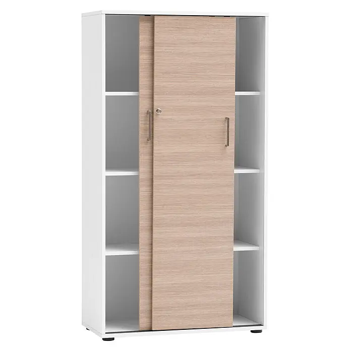 Schildmeyer Metz Schiebetür Schrank - L x B x H: 38,2 x 80,1 x 150 cm, Weiß/Canello - Weißer Schrank mit hellen Holzmaserung-Schiebetüren, silbernem Griff und Schloss; eine Tür offenbart Innenfächer.