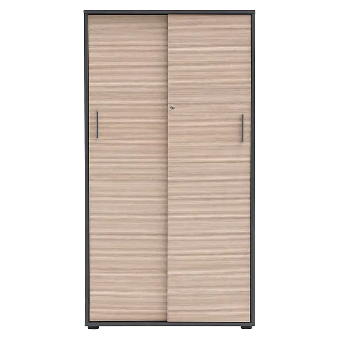 Schildmeyer Metz Schiebetür Schrank - L x B x H: 38,2 x 80,1 x 150 cm, Anthrazit/Canello - Helles Holzmaserung Schiebetürenschrank mit dunkelgrauem Rahmen, Griffen und einem Schloss.