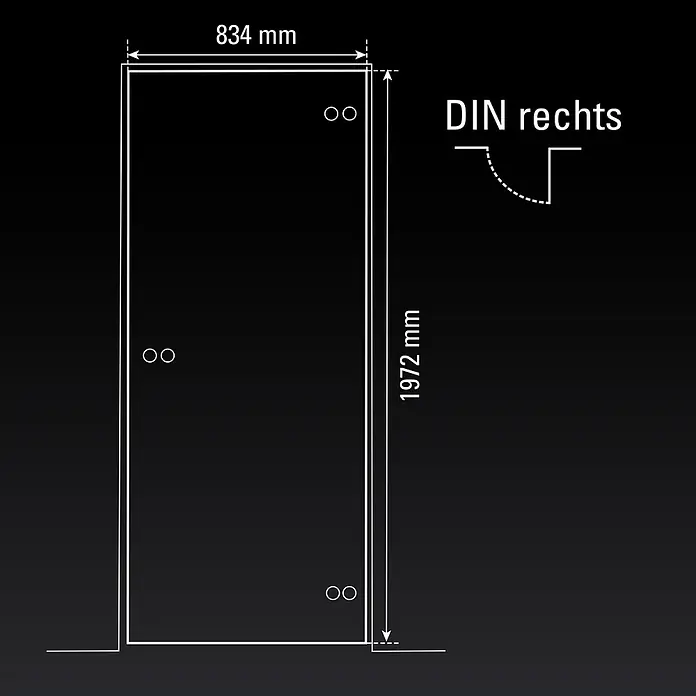 Diamond Doors Glasdrehtür Jubidoor 6.0 - 834 x 1.972 mm, DIN Rechts, Einscheibensicherheitsglas (ESG) - Türrahmen mit den Maßen 834x1972 mm und DIN rechts Öffnung.