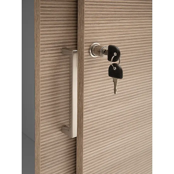 Schildmeyer Metz Schiebetür Schrank - L x B x H: 38,2 x 80,1 x 150 cm, Anthrazit/Canello - Schranktür in Holzoptik mit silbernem Griff und Schloss mit zwei eingesteckten schwarzen Schlüsseln.