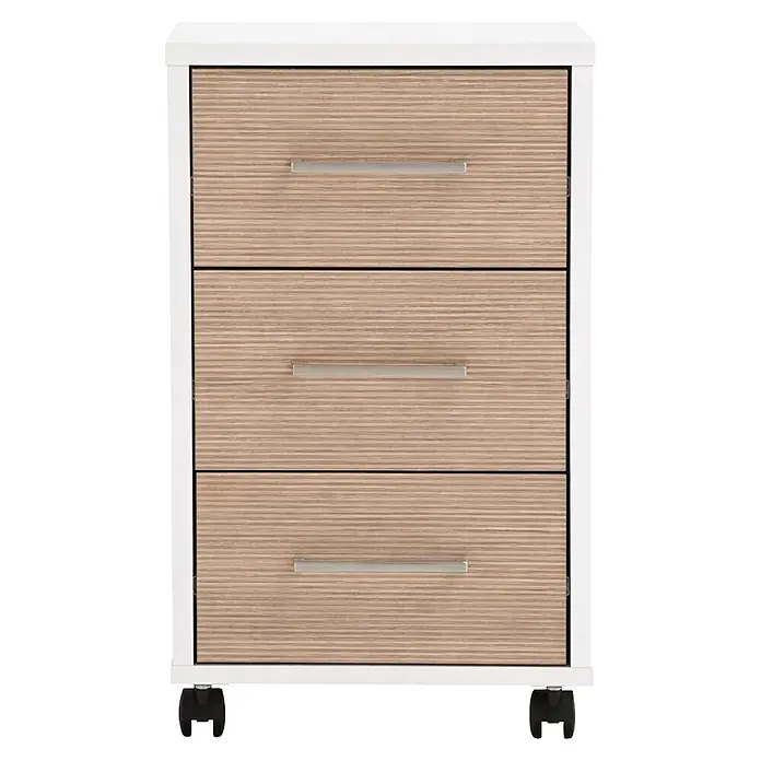 Schildmeyer Metz Rollcontainer - L x B x H: 39,1 x 32,6 x 59,7 cm, Weiß/Canello, Anzahl Schubladen: 3 Stk. - Mobiler Rollcontainer mit weißem Rahmen, drei hellen Holzschubladen, silbernen Griffen und schwarzen Rollen.