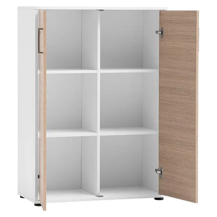 Schildmeyer Metz Aktenschrank - L x B x H: 38,2 x 80,1 x 113,4 cm, Weiß/Canello - Weißer Schrank mit zwei hellen Holztüren, eine leicht geöffnet mit Griff, die andere ganz offen mit Innenregalen.