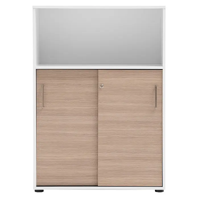 Schildmeyer Metz Schiebetür Schrank - L x B x H: 38,2 x 80,1 x 113,4 cm, Weiß/Canello - Weißer Schrank mit offenem oberen Regal und zwei hellen Holzschiebetüren mit Griffen und Schloss.
