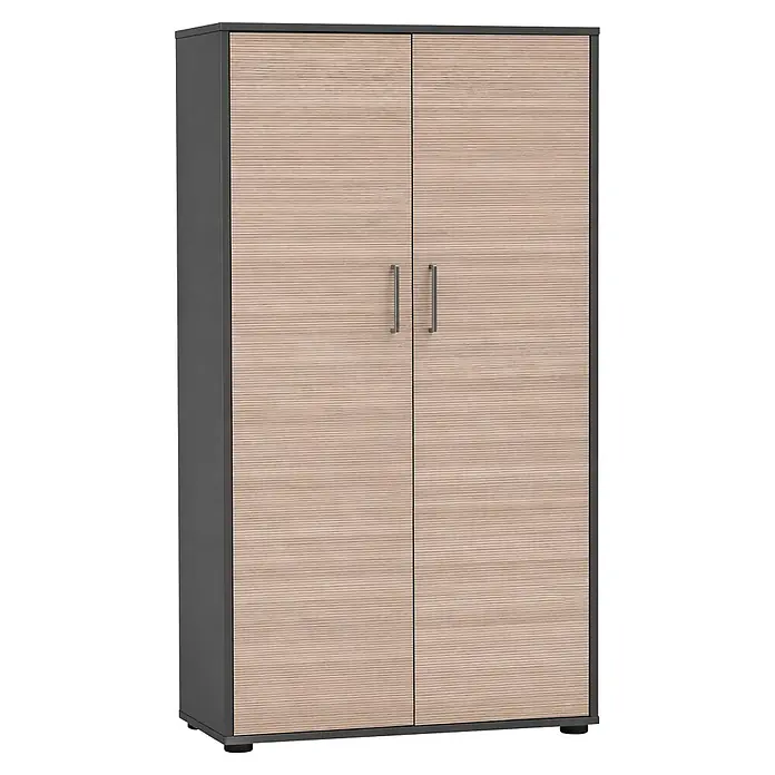 Schildmeyer Metz Aktenschrank - L x B x H: 38,2 x 80,1 x 150 cm, Anthrazit/Canello - Zweitüriger Schrank mit hellen Holzmaserungstüren, dunkelgrauem Rahmen und Metallgriffen.