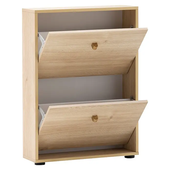 Schildmeyer Schuhschrank - L x B x H: 19,5 x 58,9 x 83,2 cm, Weißeiche, Anzahl Fächer: 2 Stk. - Heller Holzschuhschrank mit zwei teilweise geöffneten Kippschubladen und goldfarbenen Griffen.