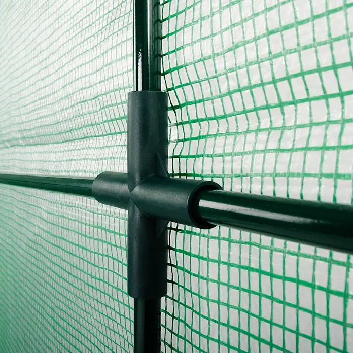 Floordirekt Gewächshaus Botanika - Außenmaß inkl. Dachüberstand (B x T): 200 x 78 cm, Material Seitenwand: Kunststoff - Dunkelgrüner Kunststoffverbinder hält Metallstangen, Teil eines Gewächshausrahmens mit durchsichtiger, gitterverstärkter Abdeckung.