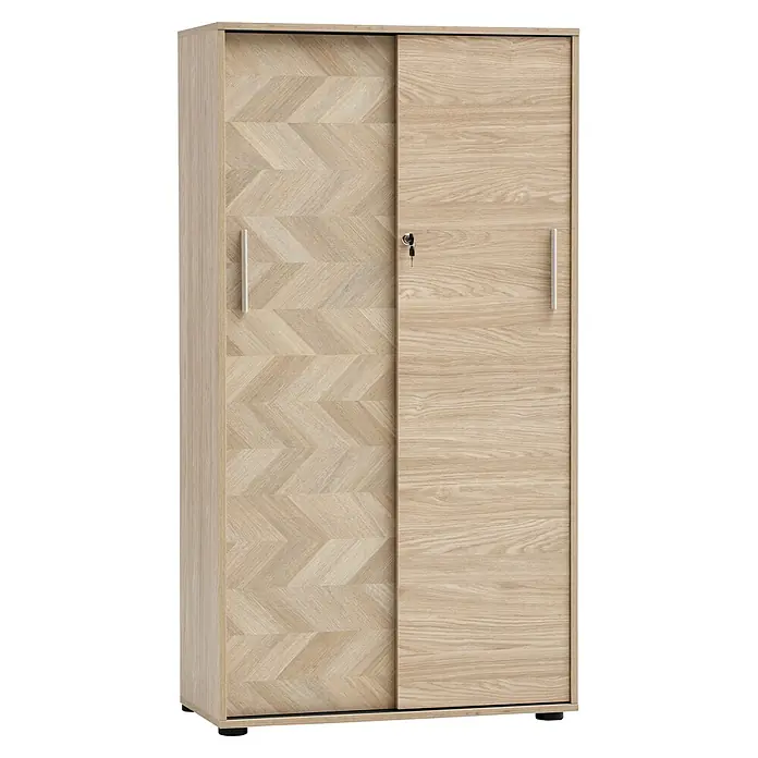 Schildmeyer Arezzo Schiebetür Schrank - L x B x H: 38,2 x 80,1 x 150 cm, Eiche/Fischgräte - Heller Holz-Schiebetürenschrank mit Fischgrätmuster und glatten Türen, mit Griffen und Schlüssel.