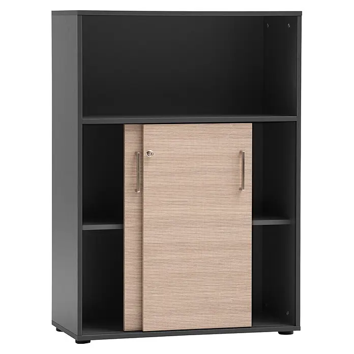 Schildmeyer Metz Schiebetür Schrank - L x B x H: 38,2 x 80,1 x 113,4 cm, Anthrazit/Canello - Dunkelgrau/schwarzer Schrank mit hellen Holzmaserungs-Schiebetüren, silbernem Griff, Schlüsselloch und offenen Regalen.
