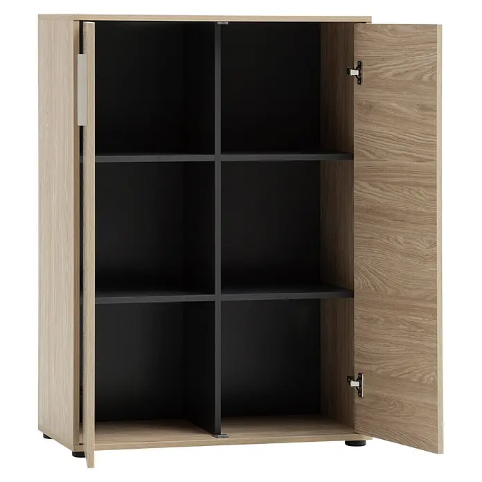 Schildmeyer Arezzo Aktenschrank - L x B x H: 38,2 x 80,1 x 113,4 cm, Eiche/Fischgräte - Heller Holzschrank mit geöffneten Türen, der dunkle Regalböden und Trennwände zeigt.
