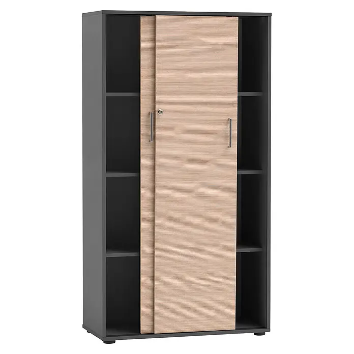 Schildmeyer Metz Schiebetür Schrank - L x B x H: 38,2 x 80,1 x 150 cm, Anthrazit/Canello - Zweifarbiger Stauraumschrank mit dunkelgrauem Korpus und Regalböden, heller Holzschiebetür mit silbernen Griffen und Schloss.