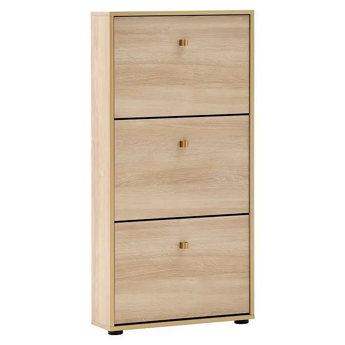 Schildmeyer Schuhschrank - L x B x H: 19,5 x 58,9 x 122 cm, Weißeiche, Anzahl Fächer: 3 Stk. - Heller Holzschuhschrank mit 3 Kippschubladen, goldenen Griffen und Rahmen.
